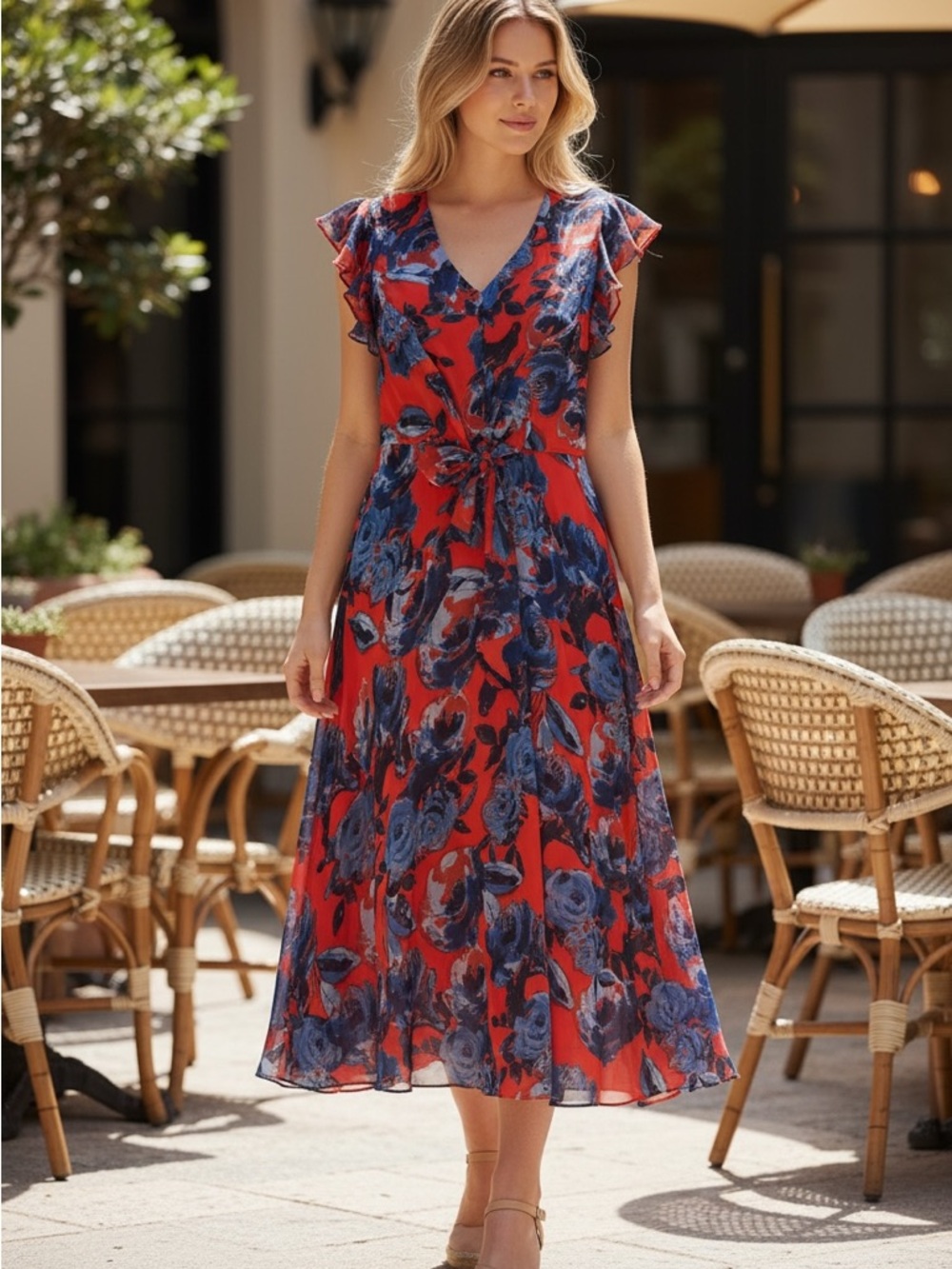 Floral Tie-Front Maxi Dress in Red and Blue